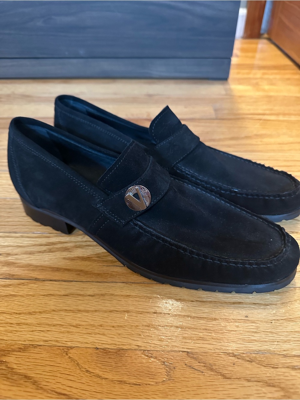 Versace Black Suede Slip-On Loafers with Signature Metal Emblem